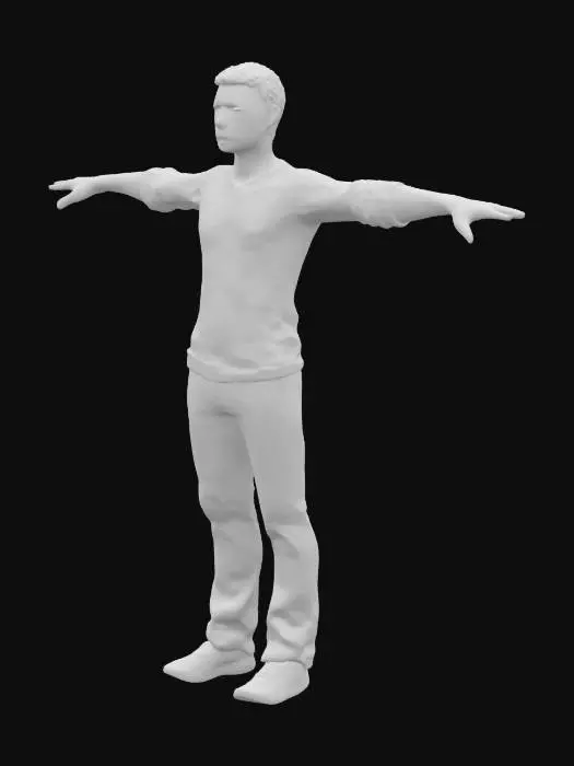3D model for High‑precision game-ready model posed in a T‑pose; each of the five fingers distinctly spaced apart; adult male; wearing long sleeves; short hair; average height.