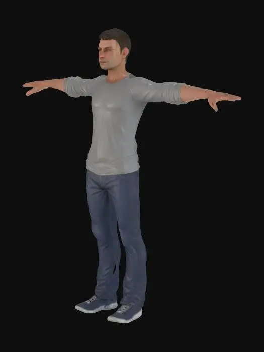 3D model for High‑precision game-ready model posed in a T‑pose; each of the five fingers distinctly spaced apart; adult male; wearing long sleeves; short hair; average height.