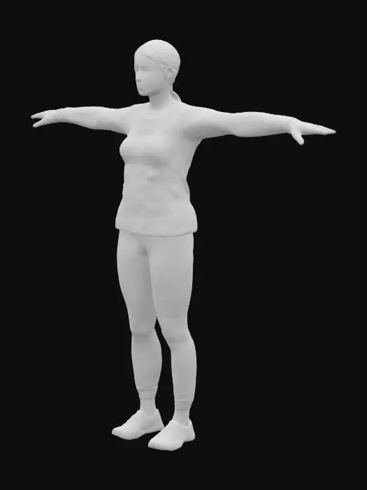3D model for A Beautiful women with small breasts and very short hair. She wears sweatshirt, pants and shoes. The design should be smooth topology. T-pose, neutral expression, and ready for rigging.