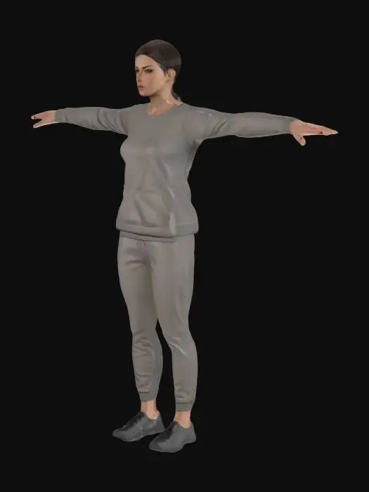 3D model for A Beautiful women with small breasts and very short hair. She wears sweatshirt, pants and shoes. The design should be smooth topology. T-pose, neutral expression, and ready for rigging.