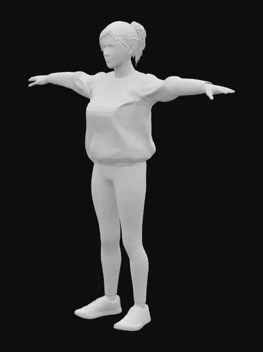 3D model for A Beautiful women with small breasts and very short hair. She wears sweatshirt, pants and shoes. The design should be smooth topology. T-pose, neutral expression, and ready for rigging.