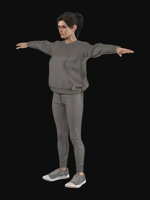 3D model for A Beautiful women with small breasts and very short hair. She wears sweatshirt, pants and shoes. The design should be smooth topology. T-pose, neutral expression, and ready for rigging.