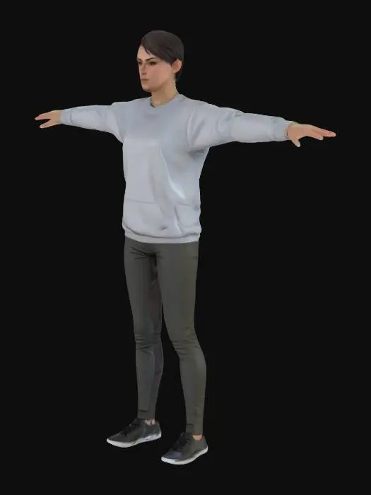 3D model for A Beautiful women with small breasts and very short hair. She wears sweatshirt, pants and shoes. The design should be smooth topology. T-pose, neutral expression, and ready for rigging.
