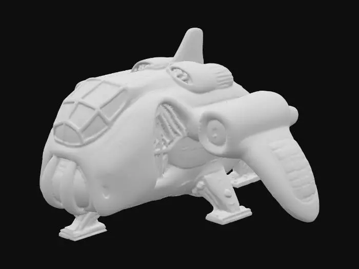 3D model for A bulky, futuristic spacecraft with a broad, rounded hull, likely constructed from durable, matte grey metal. Its prominent, multi-paneled cockpit window suggests a spacious interior. Large, cylindrical engine nacelles protrude from the sides, and a complex array of vents and access panels are visible across its surface, giving it a utilitarian, industrial texture. Retractable landing gear can be seen beneath its front section, indicating a vehicle designed for ground operations.