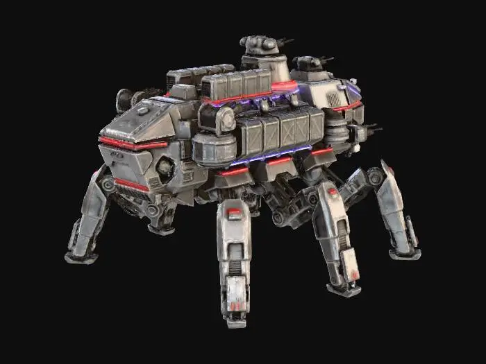 3D model for a robot with eight legs. combat. battle. dystopic. photoreal. troop transporter. large. 40 meter high