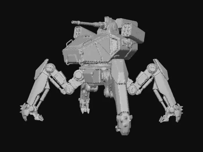 3D model for a robot with 8 legs. combat. battle. dystopic. photoreal. Army. camouflage