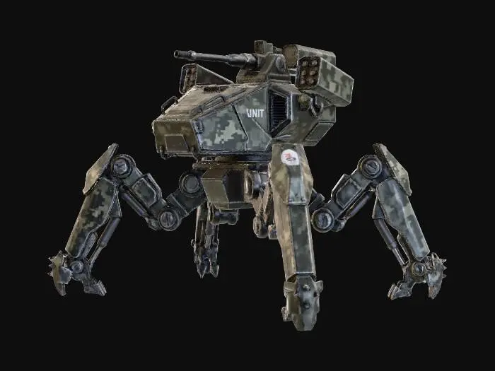 3D model for a robot with 8 legs. combat. battle. dystopic. photoreal. Army. camouflage