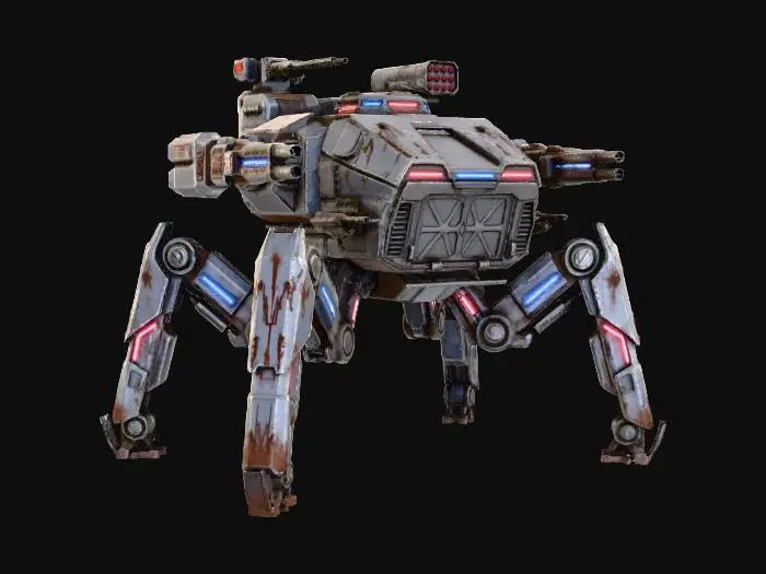 3D model for a robot with eight legs. combat. battle. dystopic. photoreal. troop transporter. large. 40 meter high