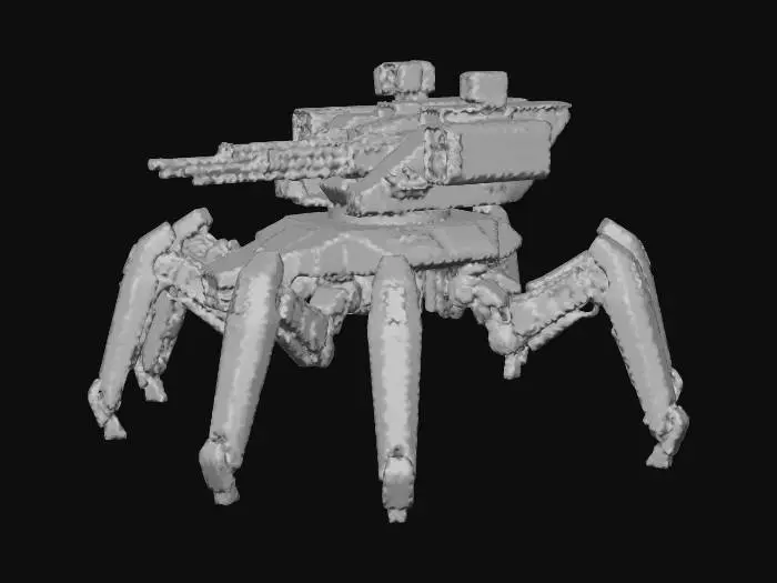 3D model for a robot with 8 legs. combat. battle. dystopic. photoreal. Army. camouflage