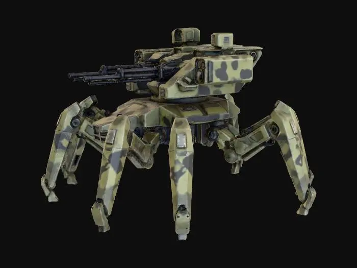 3D model for a robot with 8 legs. combat. battle. dystopic. photoreal. Army. camouflage