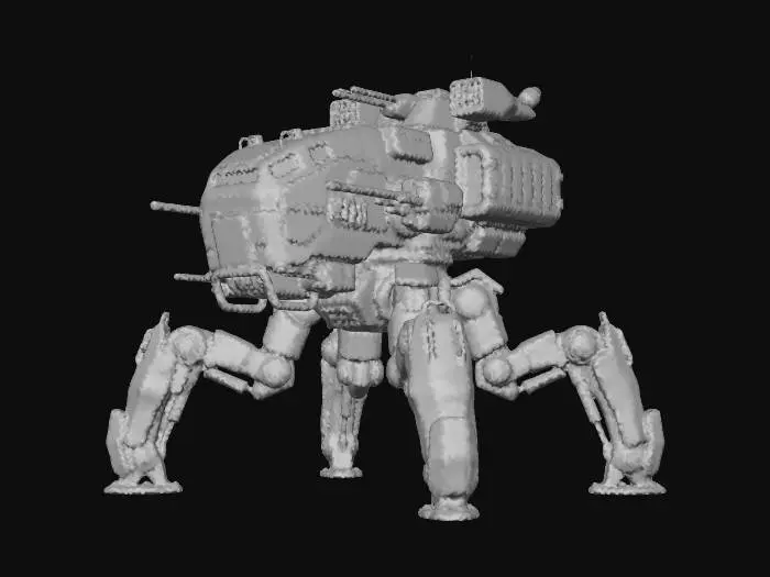 3D model for a robot with eight legs. combat. battle. dystopic. photoreal. troop transporter. large. 40 meter high. heavy armed