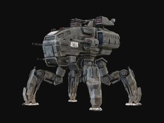 3D model for a robot with eight legs. combat. battle. dystopic. photoreal. troop transporter. large. 40 meter high. heavy armed