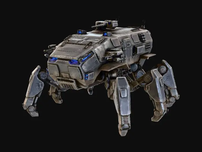 3D model for a robot with eight legs. combat. battle. dystopic. photoreal. troop transporter. large