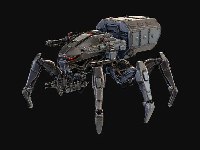 3D model for a robot with eight legs. combat. battle. dystopic. photoreal. spiderlike. mothership. trooptransporter
