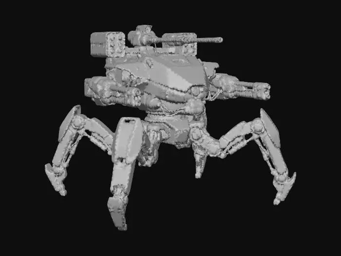 3D model for a robot with eight legs. combat. battle. dystopic. photoreal. spiderlike