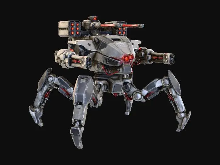 3D model for a robot with eight legs. combat. battle. dystopic. photoreal. spiderlike