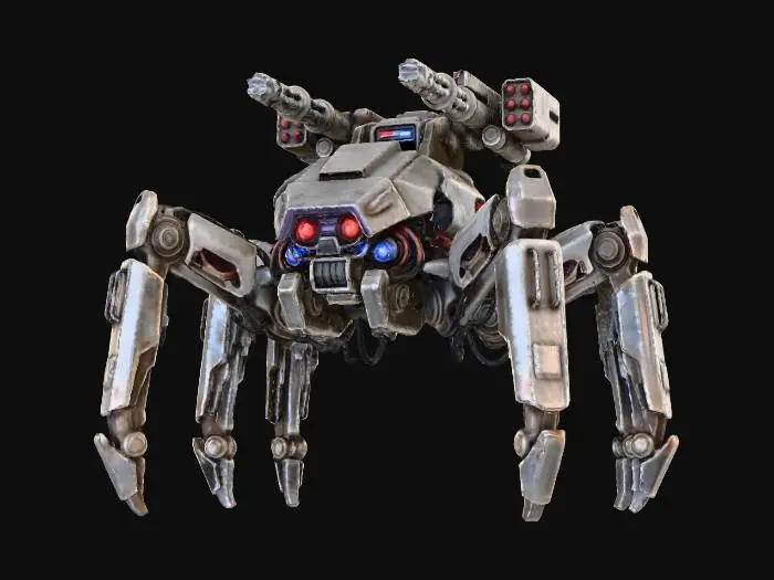 3D model for a robot with eight legs. combat. battle. dystopic. photoreal. spiderlike