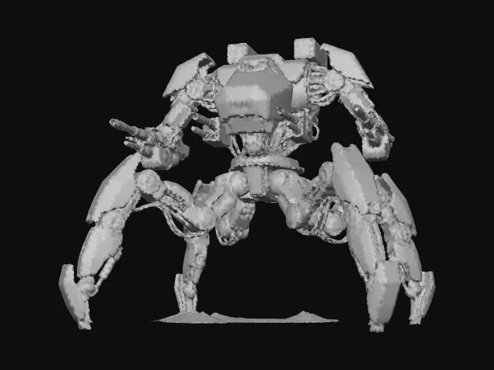 3D model for a robot with eight legs. combat. battle. dystopic. photoreal. spiderlike