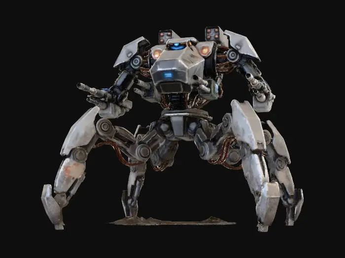 3D model for a robot with eight legs. combat. battle. dystopic. photoreal. spiderlike
