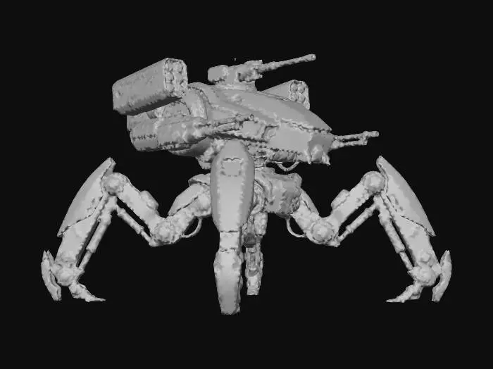 3D model for a robot with six legs. combat. battle. dystopic. photoreal