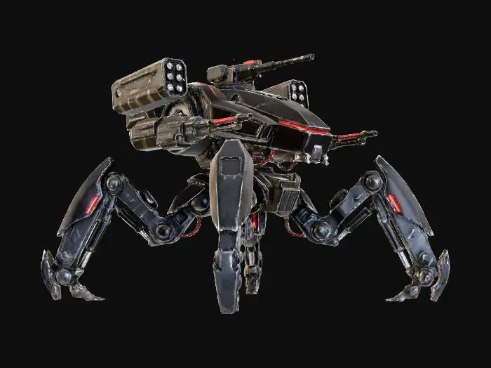 3D model for a robot with six legs. combat. battle. dystopic. photoreal