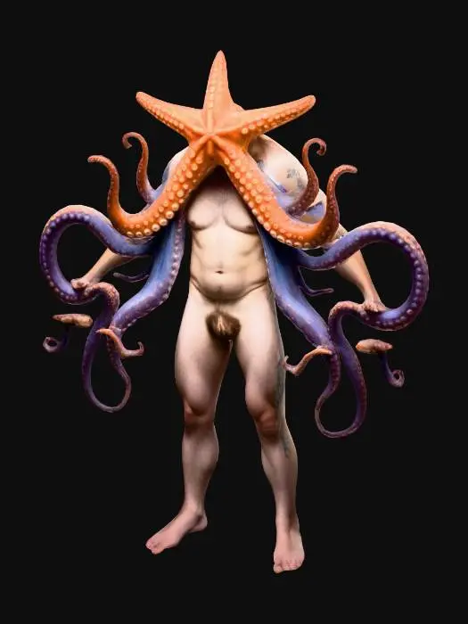 3D model for mann  mit oktopustentakeln als gliedmaßen  un einem seestern als kopf
