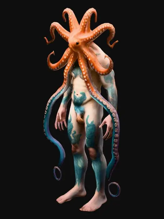 3D model for mann  mit oktopustentakeln als gliedmaßen  un einem seestern als kopf

