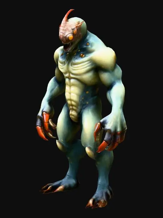 3D model for auserirdisches monster mit krebsscheren als hände acht augen und einem mittig sitzenden Horn am Kopf