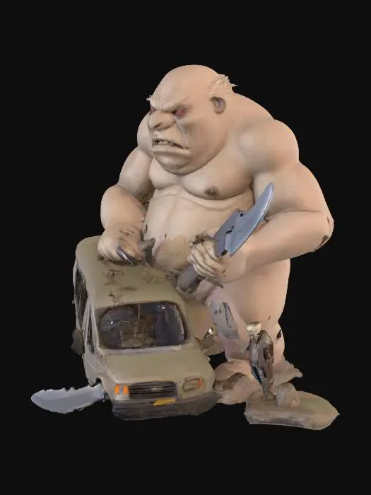 3D model for Riese mit sitzt auf einem Reisebus.Der Reisebus ist liegt auf der Seite und ist beschädigt.Der Riese hat auf der rechten Hand einen touristen und in der rechten Hand eine Machete. fotorealistisch. high quality.