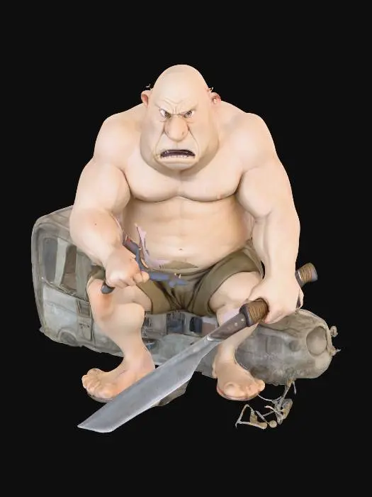 3D model for Riese mit Machete sitzt auf einem umgekippten Reisebus und hat einen touristen auf der Hand. fotorealistisch. high quality.