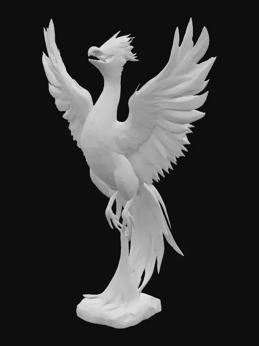 3D model for Ein Skulptur eines Phoenix mit sehr langen Schwanzfedern, Flügel ausgebreitet zum Abflug
