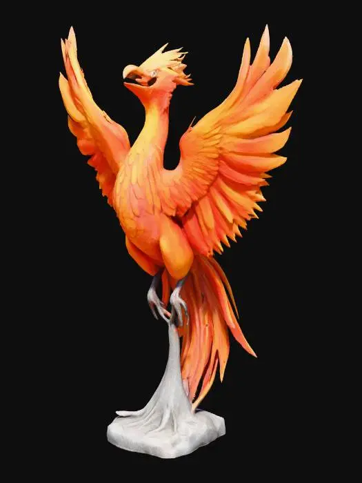3D model for Ein Skulptur eines Phoenix mit sehr langen Schwanzfedern, Flügel ausgebreitet zum Abflug

