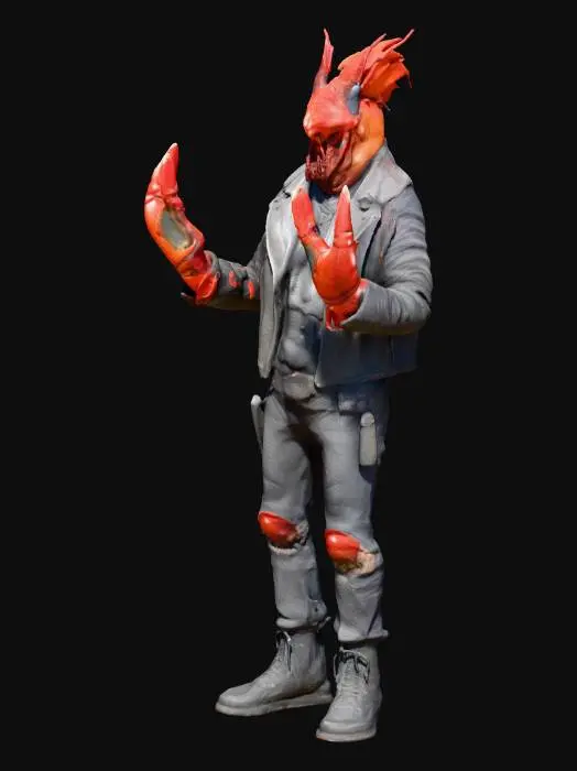 3D model for a fat heavy metal dude with a lobster head and scissors instead of hands
photorealistic