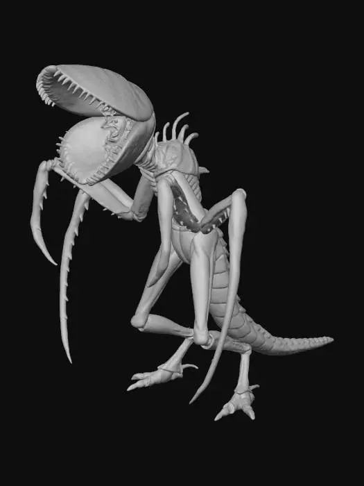 3D model for alien creature with red, fleshy skin. the head is shaped like venus flytrap and thebody reminds of a mantis.
no eyes.