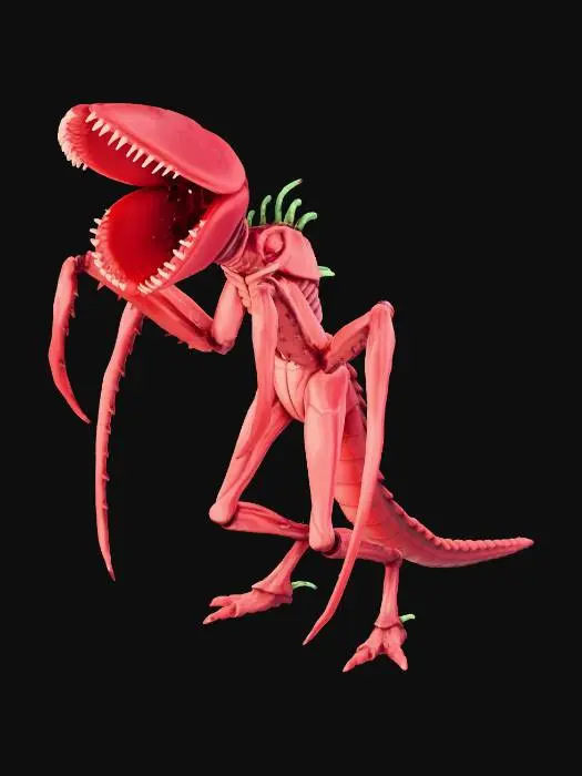 3D model for alien creature with red, fleshy skin. the head is shaped like venus flytrap and thebody reminds of a mantis.
no eyes.
