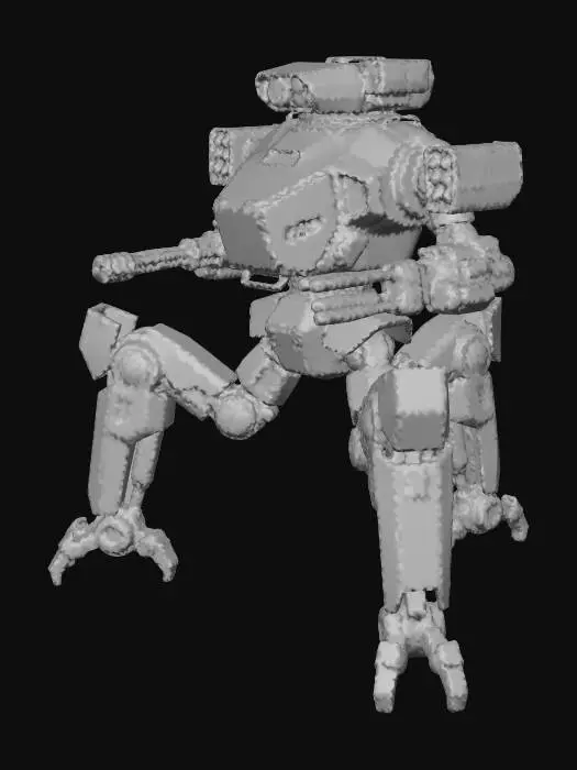 3D model for a robot with 3 legs. combat. battle. dystopic. photoreal. Army. camouflage