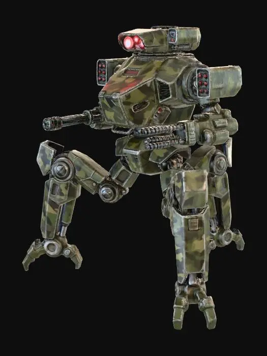 3D model for a robot with 3 legs. combat. battle. dystopic. photoreal. Army. camouflage