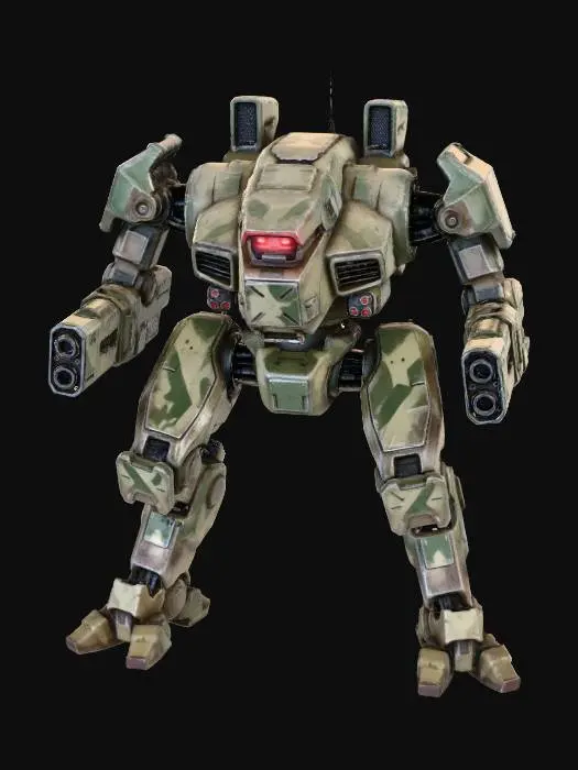 3D model for a robot with 3 legs. combat. battle. dystopic. photoreal. Army. camouflage