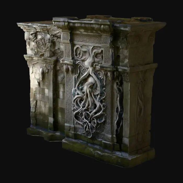 3D model for Tempelanlage nach Motiven von H.P.Lovecrafts Cthuluh Mythos . mit gruseligen relief Mäandern rechteckige Gebäude . Wie im Roman "Berge des Wahnsinns"