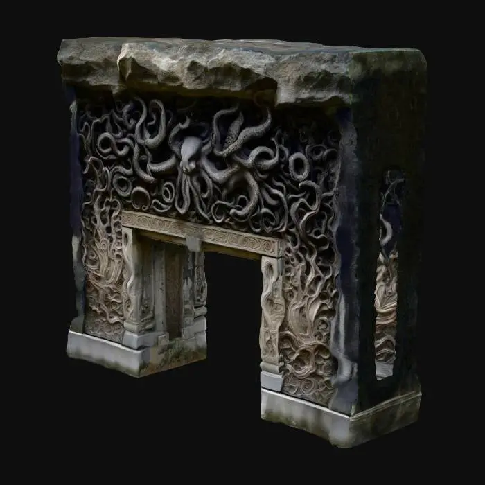 3D model for Tempelanlage nach Motiven von H.P.Lovecrafts Cthuluh Mythos . mit gruseligen relief Mäandern rechteckige Gebäude . Wie im Roman "Berge des Wahnsinns"