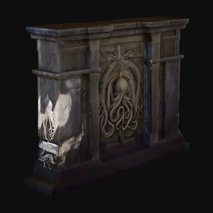 3D model for Tempelanlage nach Motiven von H.P.Lovecrafts Cthuluh Mythos . mit gruseligen relief Mäandern rechteckige Gebäude . Wie im Roman "Berge des Wahnsinns"