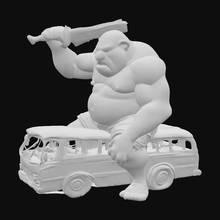 3D model for Ein Riese sitzt auf einem Reisebus. Der Reisebus liegt auf der Seite und ist beschädigt.Der Riese hat in der rechten Hand eine Machete. fotorealistisch. high quality.