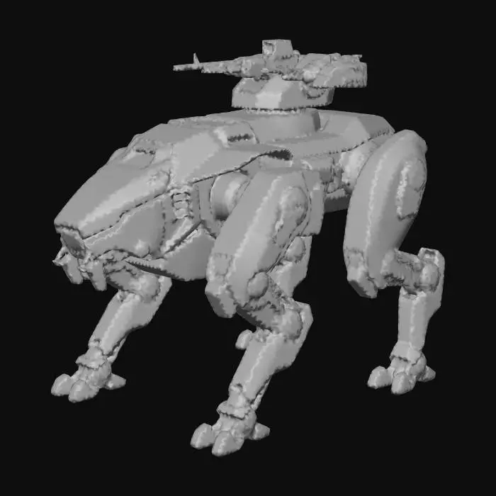 3D model for a robot with four legs. combat. battle. dystopic. photoreal. navy. camouflage