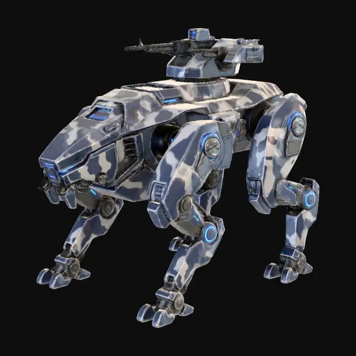 3D model for a robot with four legs. combat. battle. dystopic. photoreal. navy. camouflage