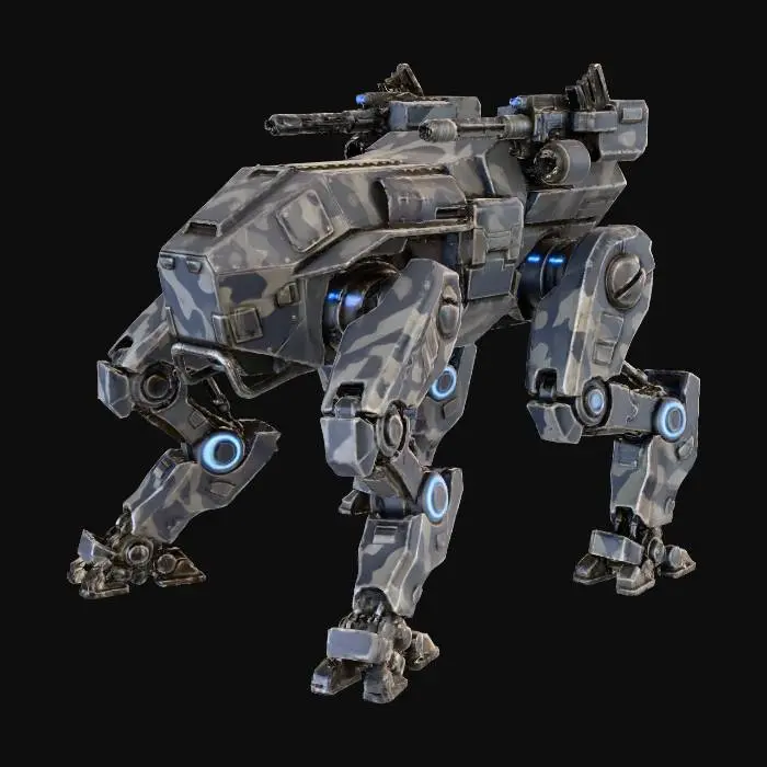 3D model for a robot with four legs. combat. battle. dystopic. photoreal. navy. camouflage