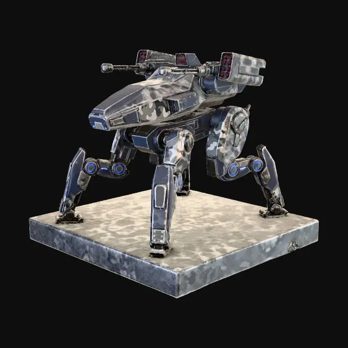 3D model for a robot with four legs. combat. battle. dystopic. photoreal. navy. camouflage
