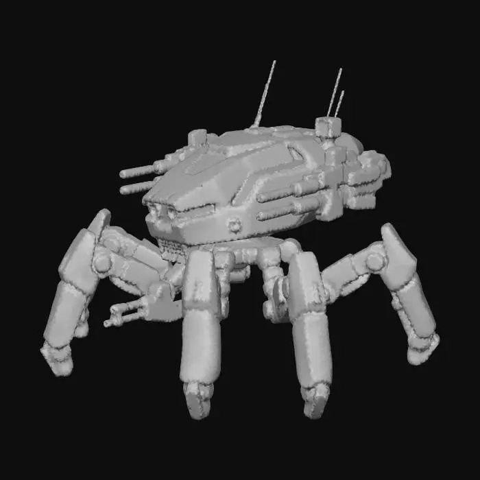 3D model for a robot with 8 legs. combat. battle. dystopic. photoreal. wüstenflecktarn