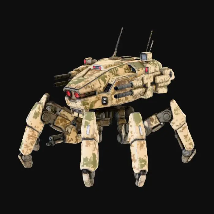 3D model for a robot with 8 legs. combat. battle. dystopic. photoreal. wüstenflecktarn