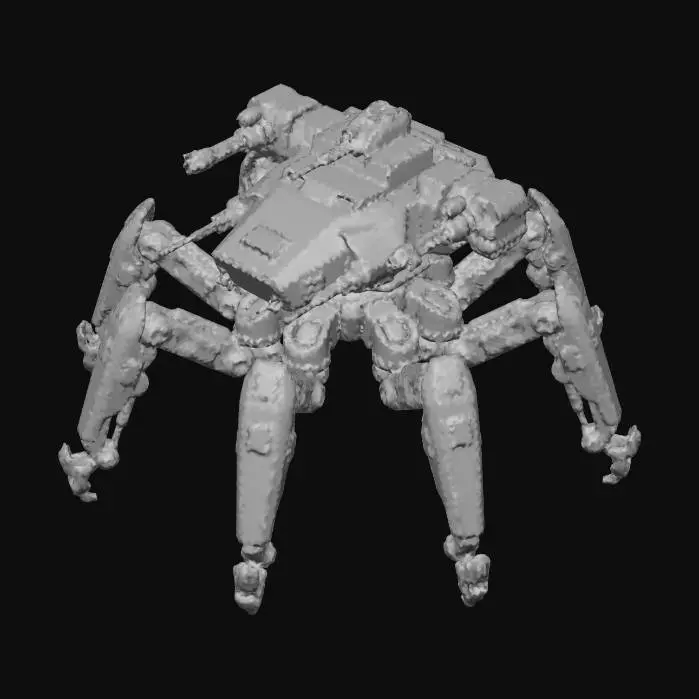 3D model for a robot with 8 legs. combat. battle. dystopic. photoreal. Army. camouflage