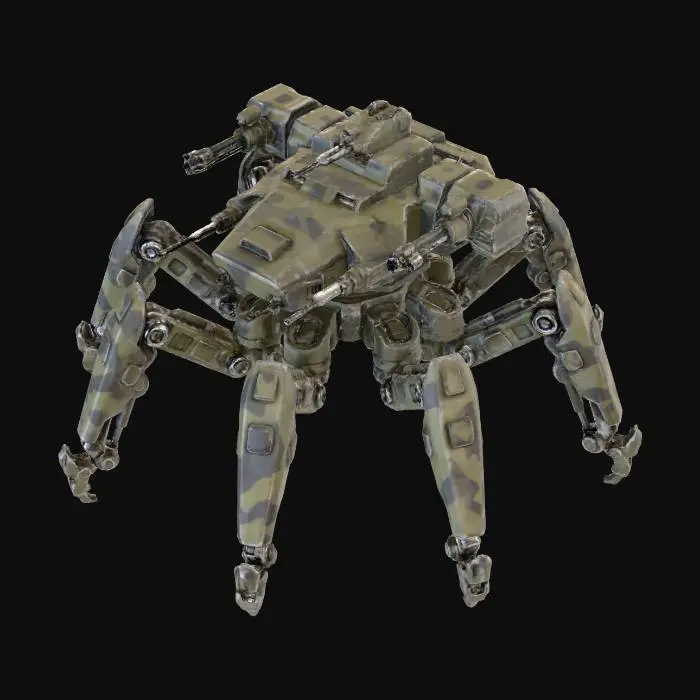 3D model for a robot with 8 legs. combat. battle. dystopic. photoreal. Army. camouflage